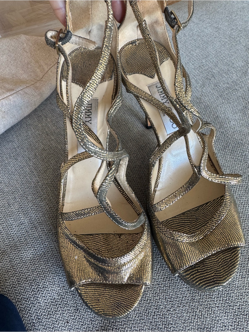 Jimmy Choo Metallic Gold Strappy Peep-Toe Heels 38.5